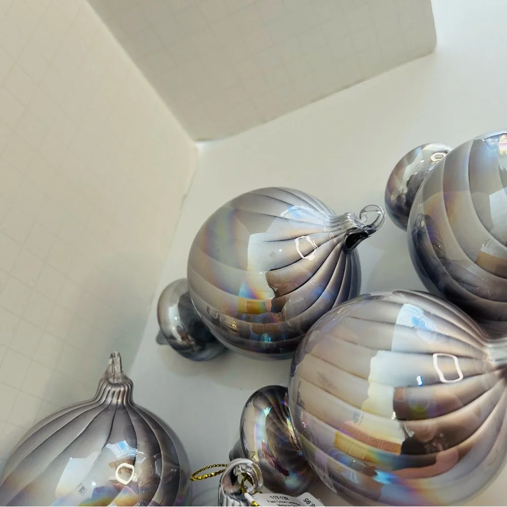 Crate& Barrel Retired Luxurious Silver Iridescent 5 inch Glass Ornaments.